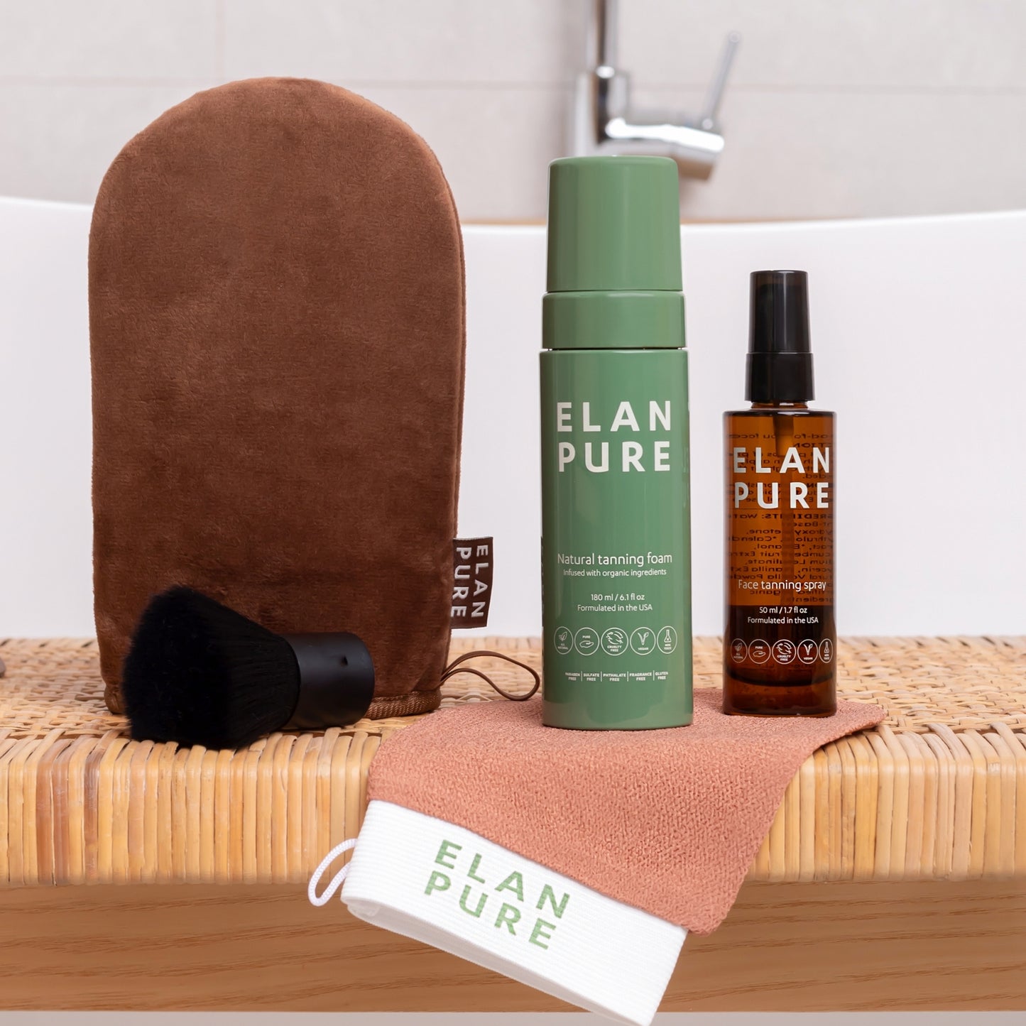 The Elan Pure products lined up in the bathroom.