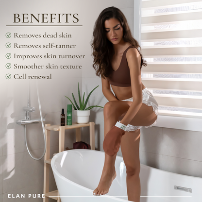 Woman standing in shower using the exfoliating mitt highlighting the key benefits