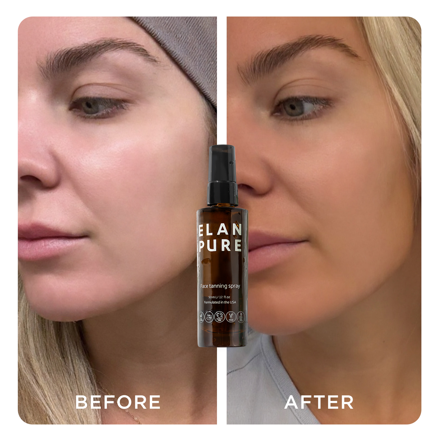 Image of someone showing their before and after of the Elan Pure Face Tanning Mist 