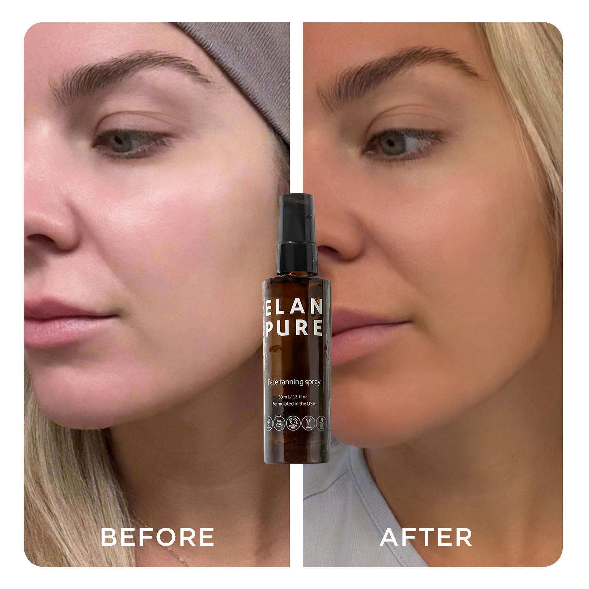Image of someone showing their before and after of the Elan Pure Face Tanning Mist 