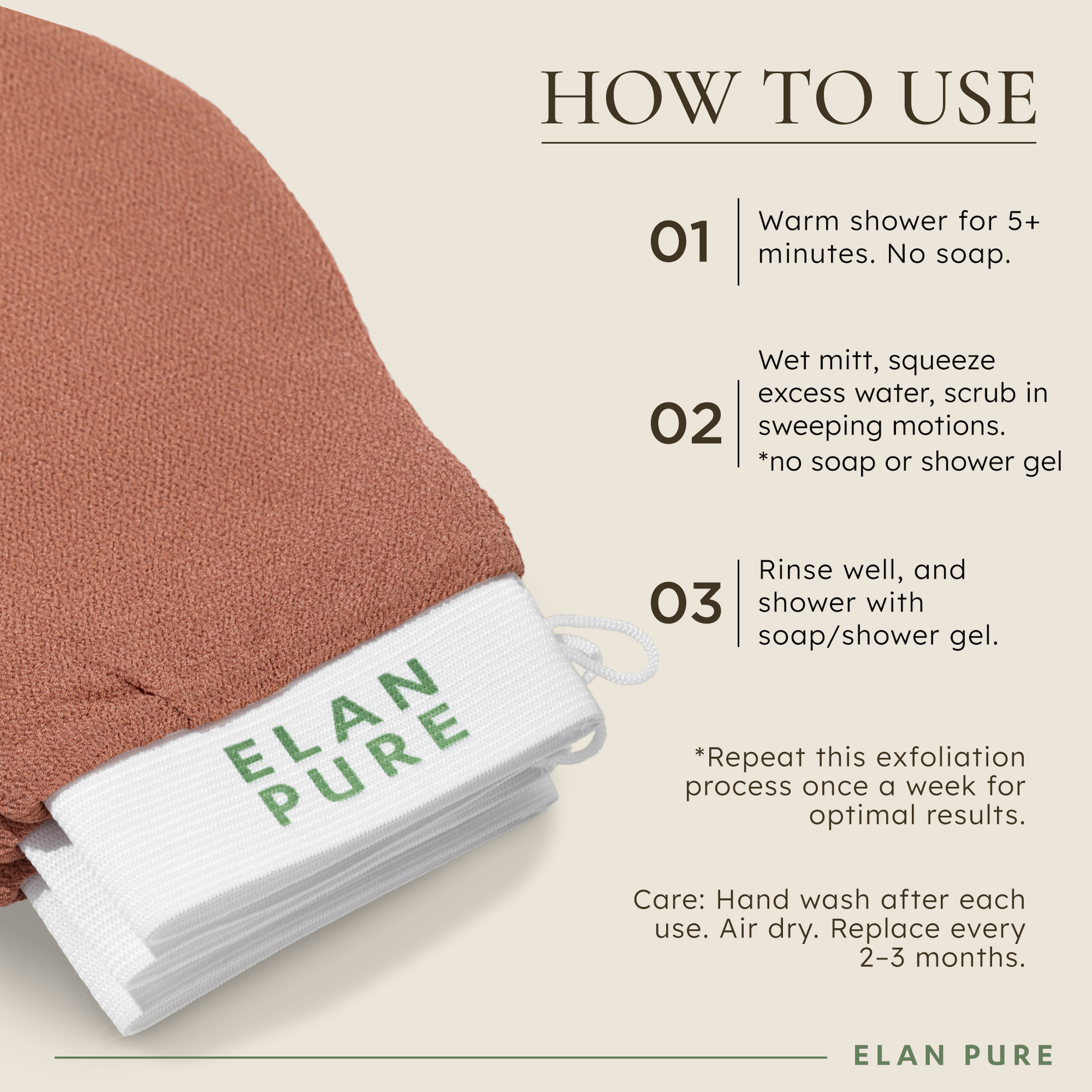 3 Exfoliating Mitts with instructions on how to properly use the mitt.