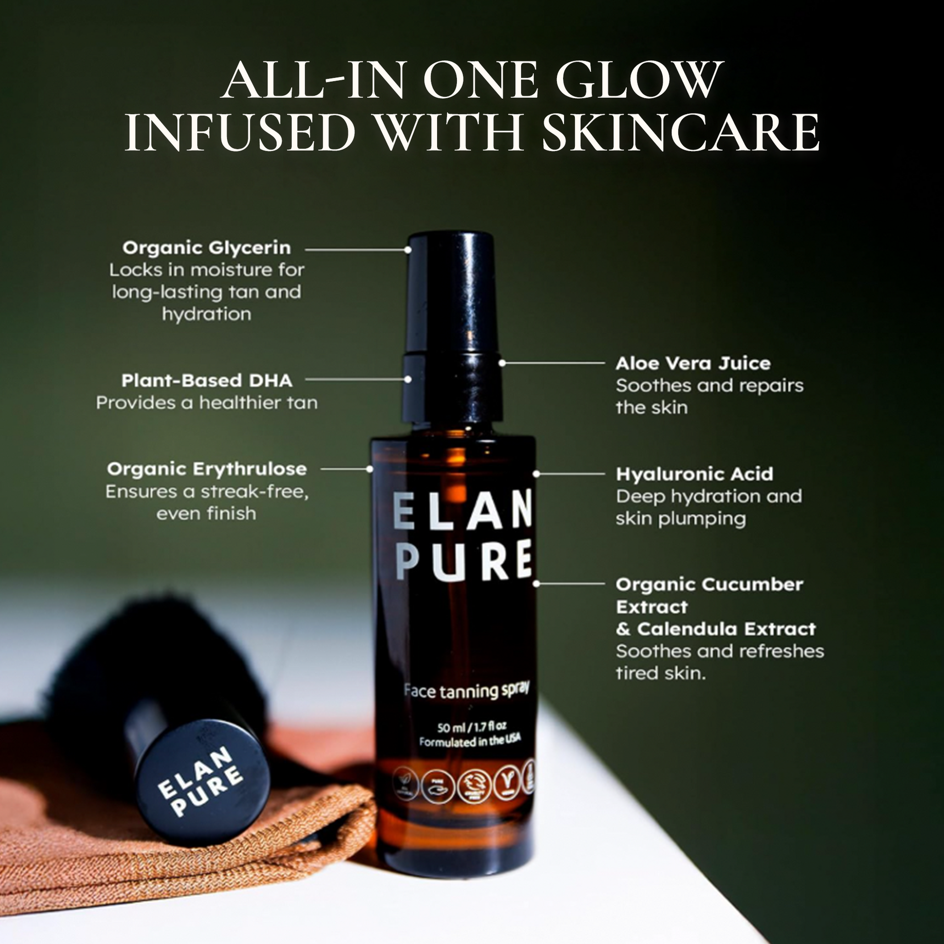 Image highlighting the face tanning mist skincare-grade ingredients for a hydrating glow.