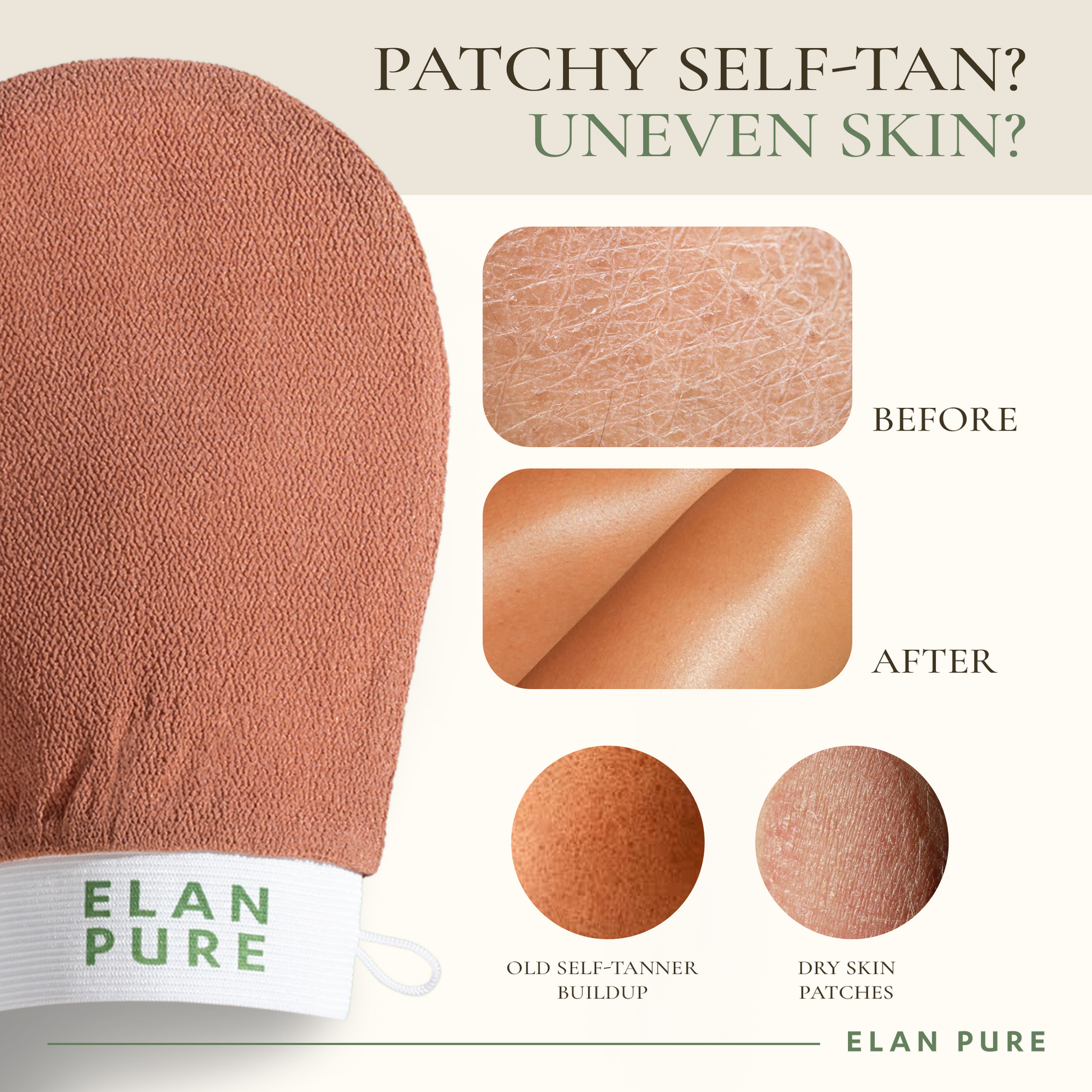 showing before and after exfoliating mitt