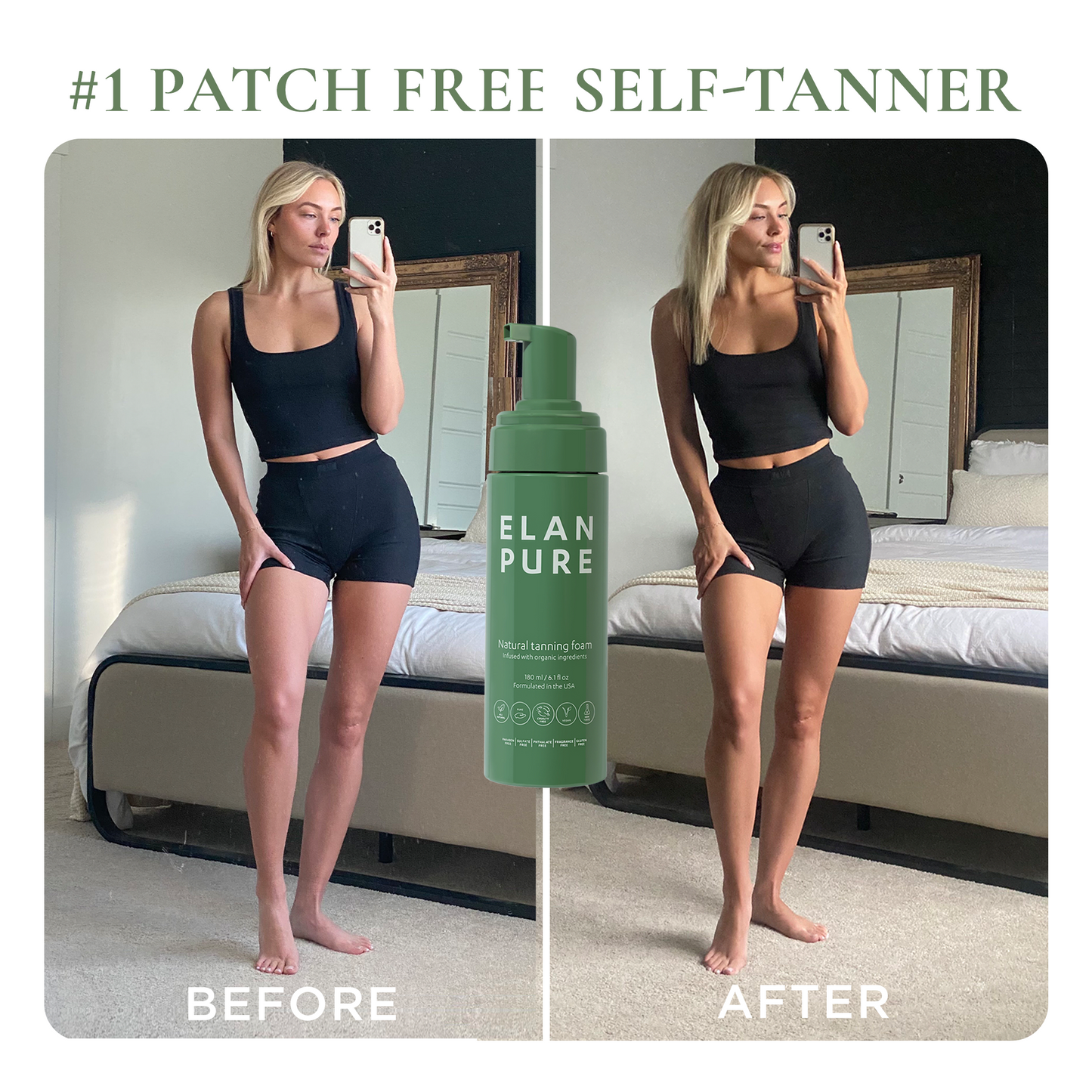 Before and After of a customer showing her results from using the Elan Pure self-tanner.
