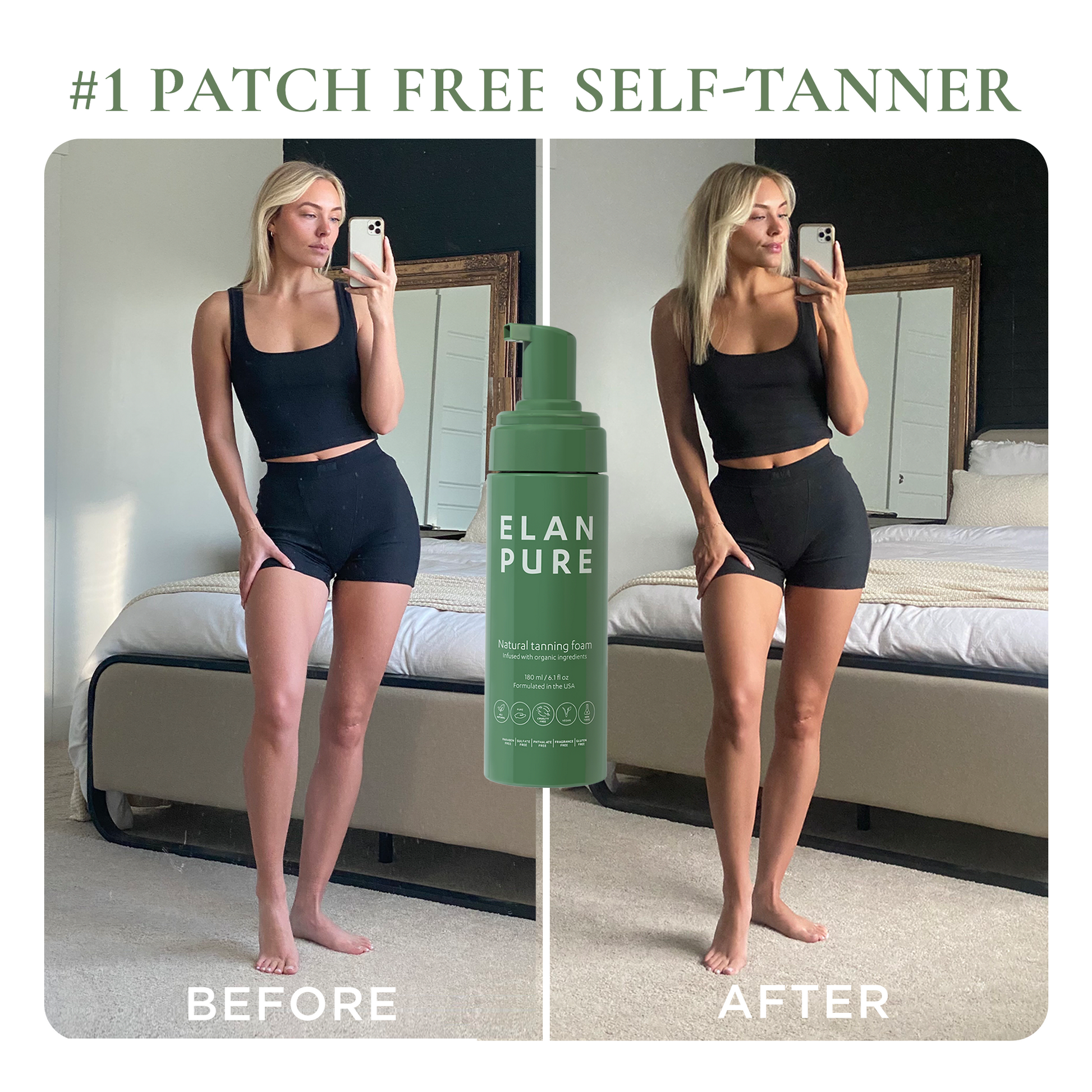 Before and After of a customer showing her results from using the Elan Pure self-tanner.