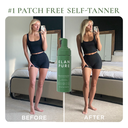 Before and After of a customer showing her results from using the Elan Pure self-tanner.