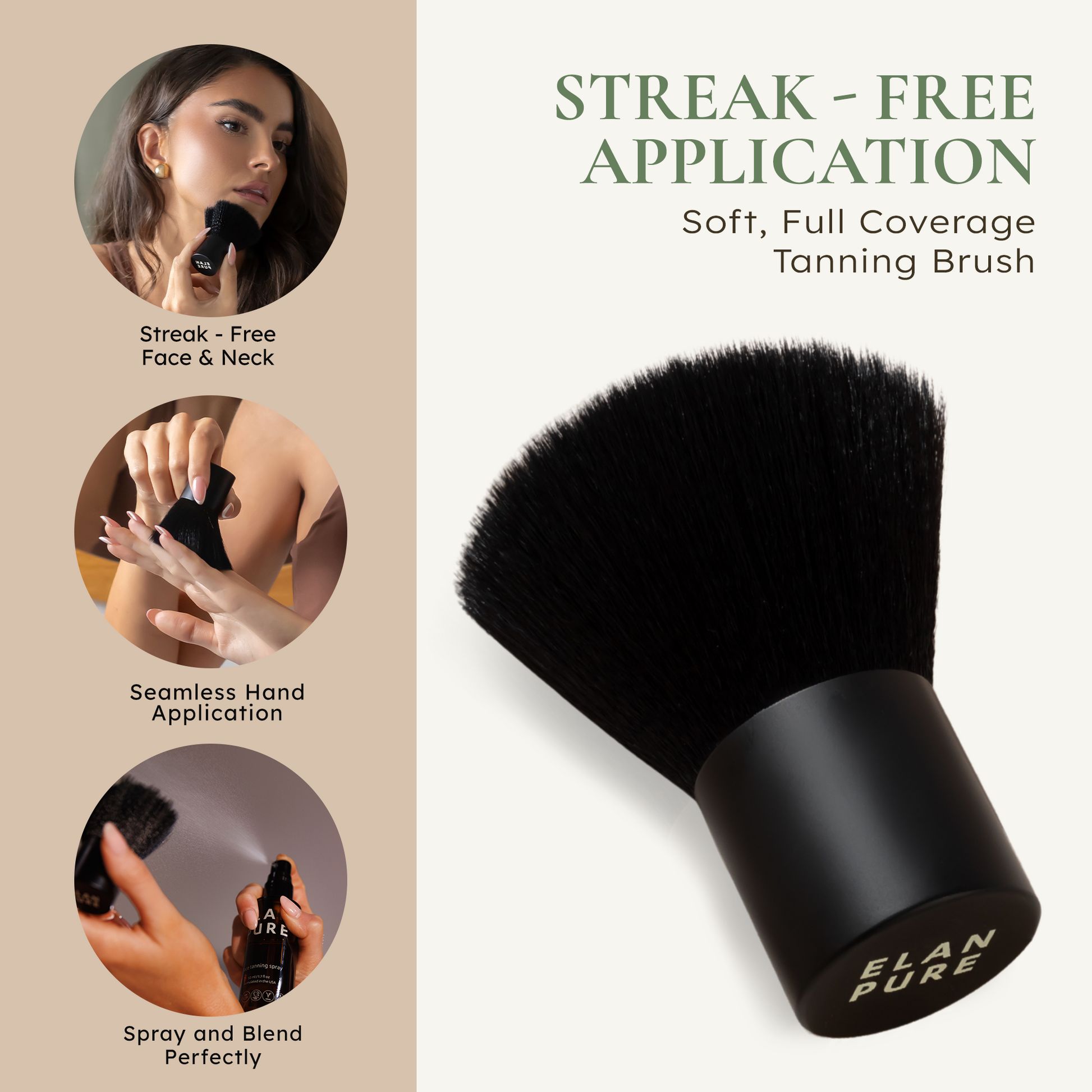 Image of the elan pure face brush with all the uses for application (hands, face).