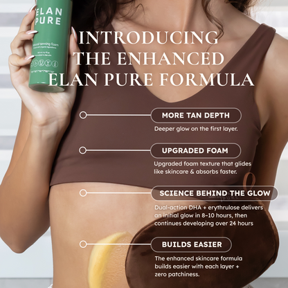 Woman holding elan pure self-tan while putting self-tan on her stomach. Image is highlighting the enhanced self-tan formula.