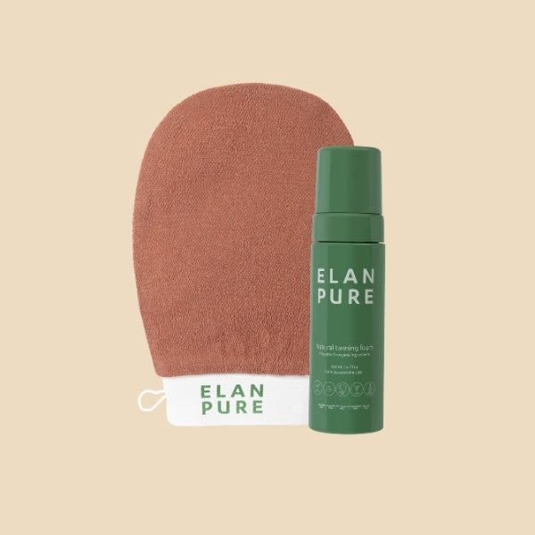 ELAN PURE  Self-Tan with the Exfoliating Mitt on a beige background