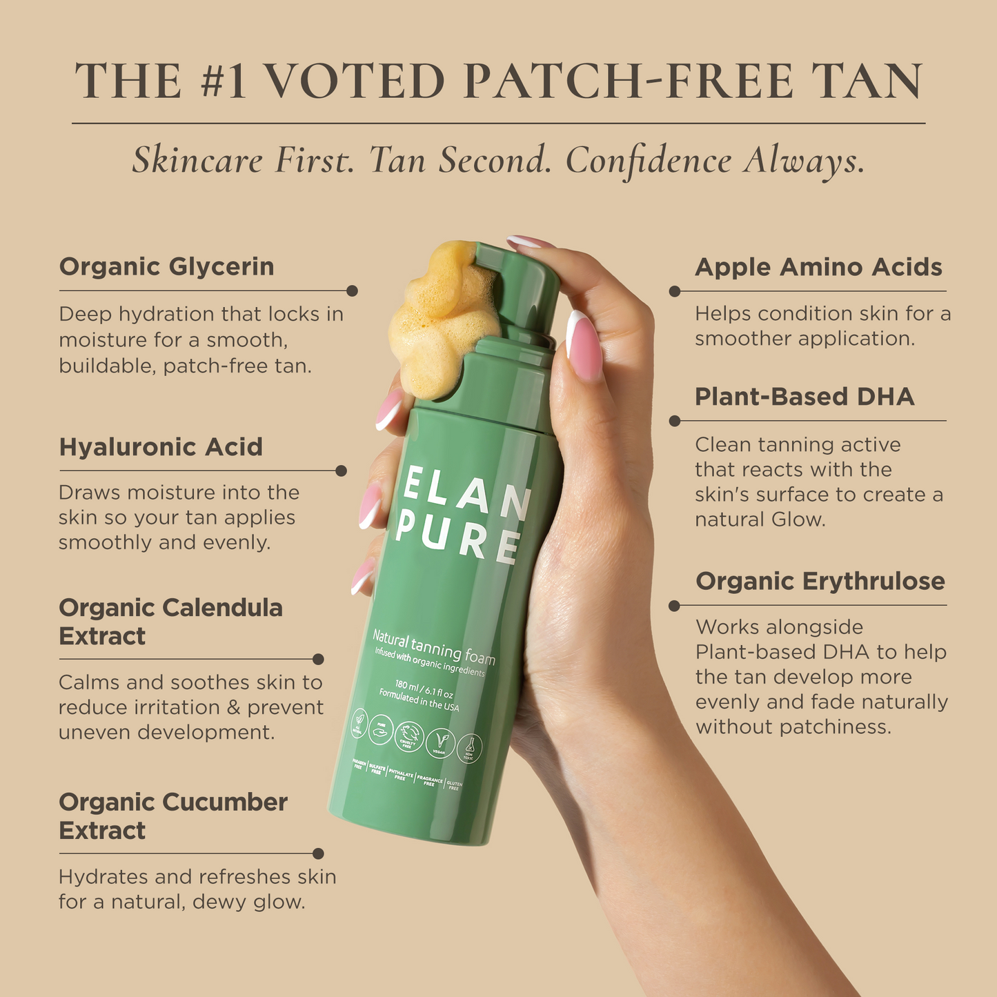 Image of Elan Pure Self-Tan with foam coming out highlighting all of the skin-care benefits on a beige background.